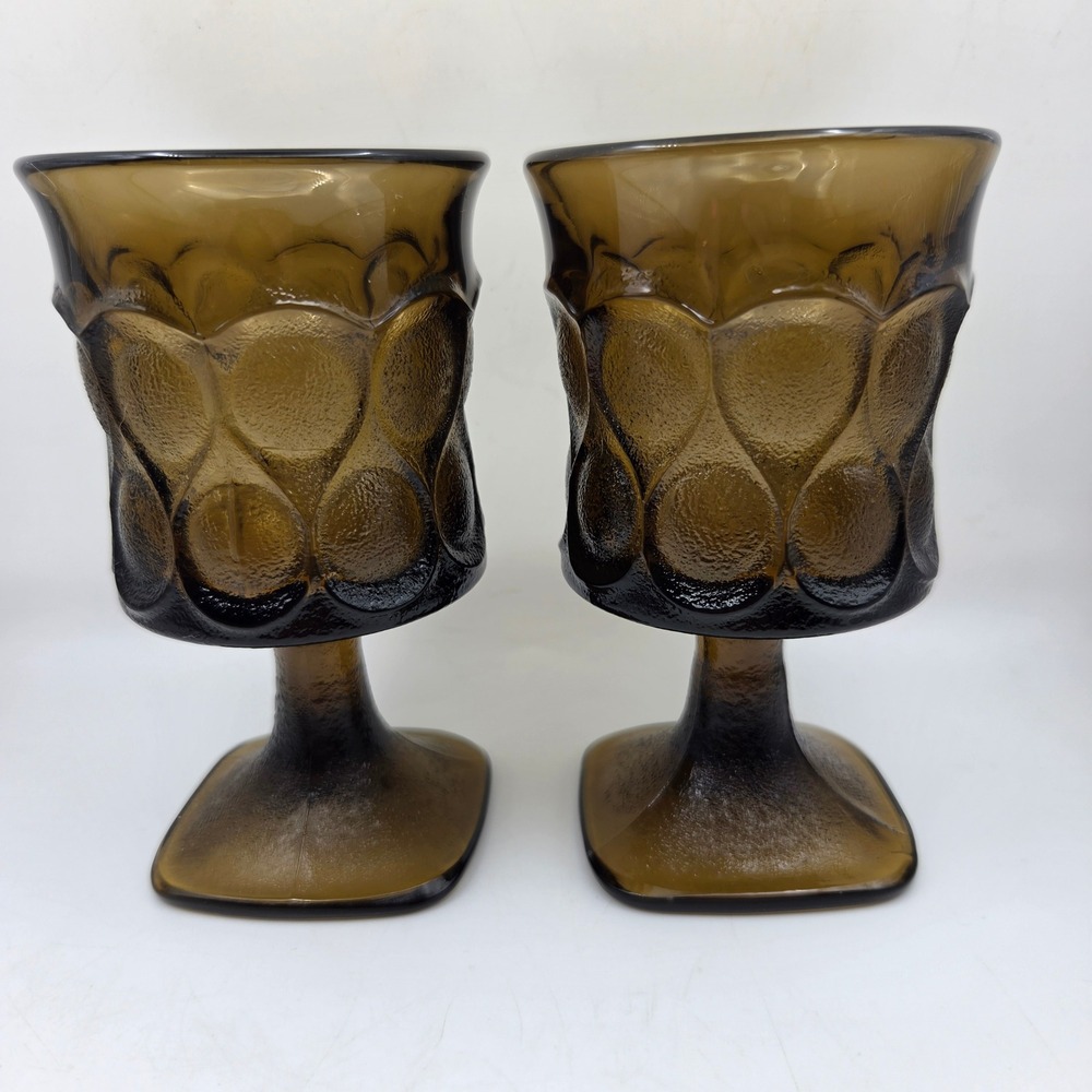 Noritake Smokey Brown Goblet Set Pair 2 Thumbprint Vintage Glass MCM 5 Inch